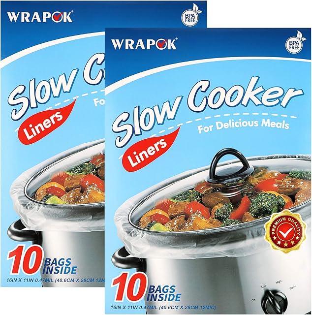 WRAPOK Small Slow Cooker Liners Kitchen Disposable Cooking Bags BPA Free for Oval or Round Pot, Size 11 x 16 Inch, Fits 1 to 3 Quarts - 2 Pack (20 Bags Total)