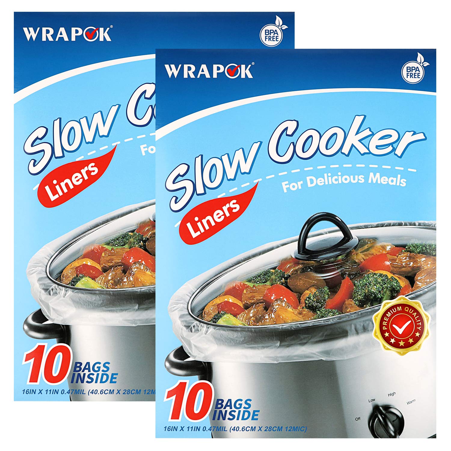 WRAPOK Slow Cooker Liners Kitchen Disposable Cooking Bags BPA Free for Oval or Round Pot, Large Size 11 x 16 Inch, Fits 1 to 3 Quarts - 2 Pack (20 Bags Total)