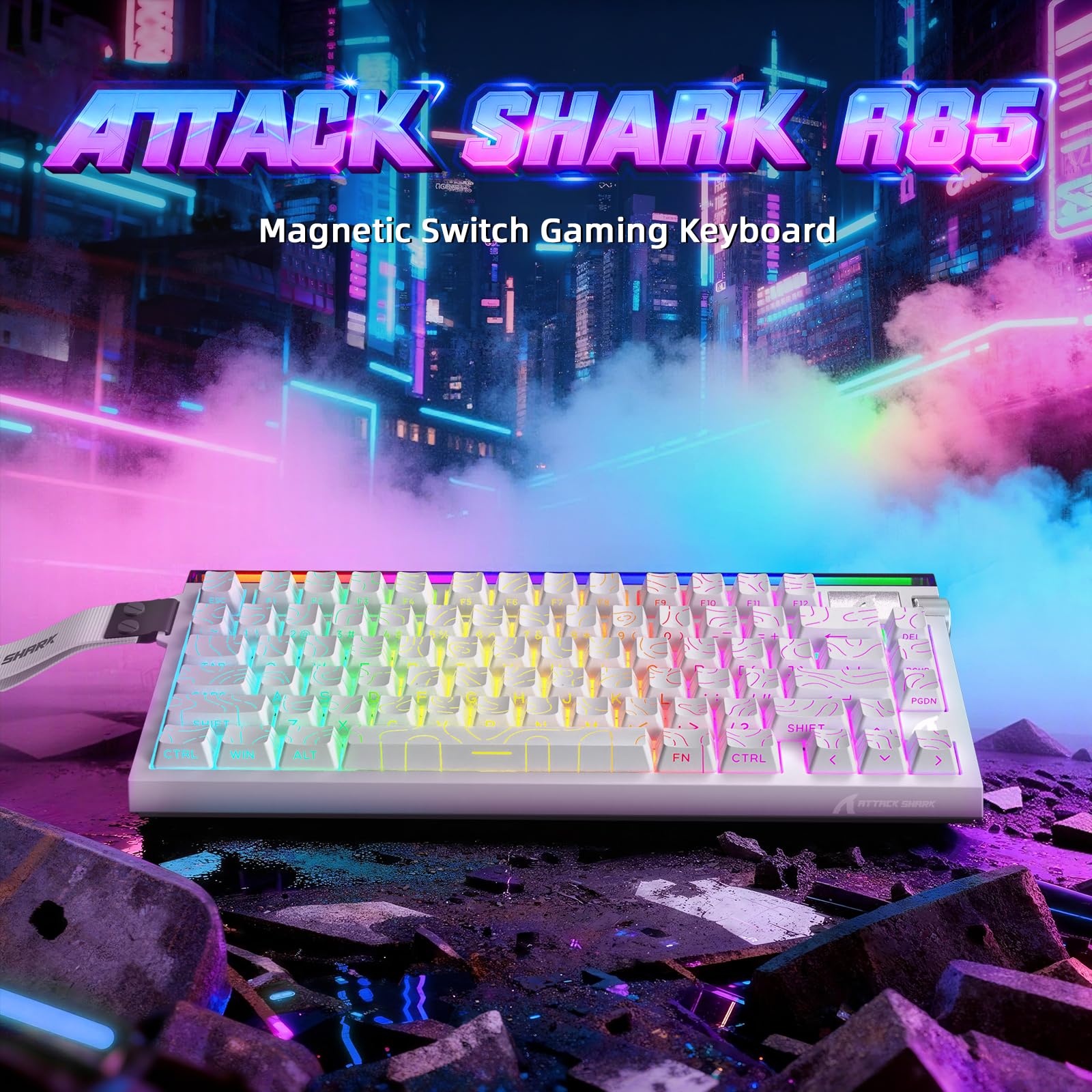 ATTACK SHARK R85 HE – Przewodowa klawiatura gamingowa 75% z kablem C01ULTRA LED, magnetycznymi przełącznikami, oprogramowaniem Multifunctional, RGB, pokrętłem, 8000 Hz (Biały kontur)