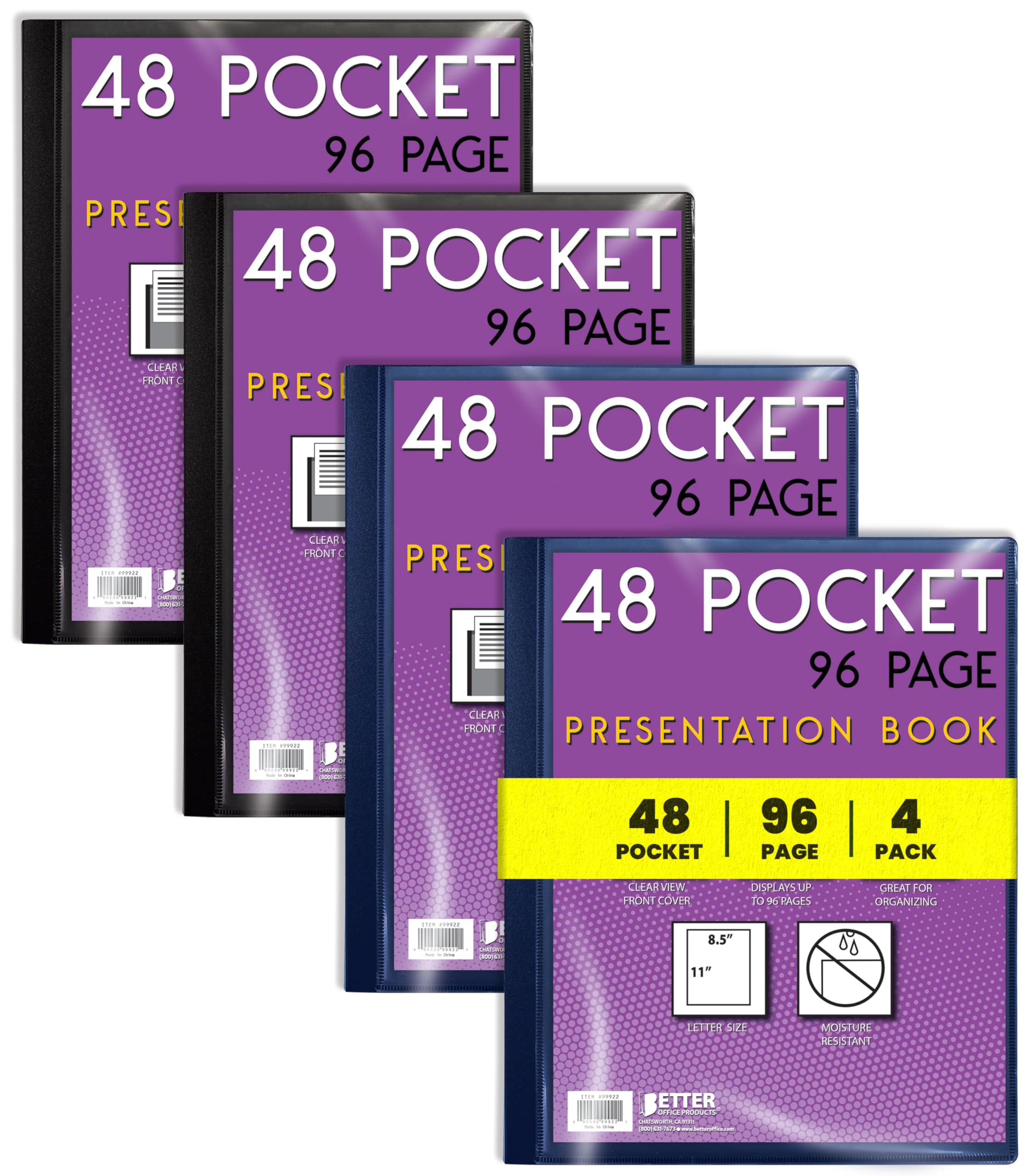 Better Office Products 48 Pocket Bound Presentation Book, Assorted Colors, Clear View Front Cover, 96 Sheet Protector Pages, 8.5" x 11" Sheets, Art