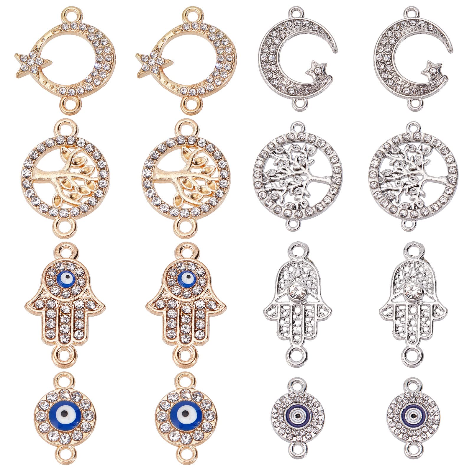 SUNNYCLUE1 Box 32Pcs 8 Styles Rhinestone Connector Charms Evil Eye Charms Crystal Tree of Life Moon Star Hamsa Hand Lucky Link Charm for Jewelry Making Charms DIY Bracelet Necklace Earring Crafts