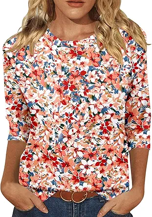 KISSMODA Tunic Tops for Women Loose Fit Dressy Round Neck Pleated 3/4 Length Sleeve Spring Tops