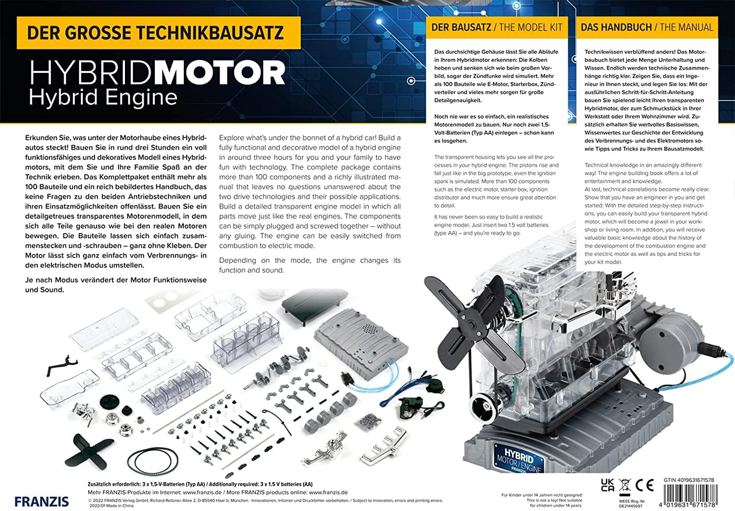 Franzis 67157-Der große Technikbausatz Hybridmotor, originalgetreuer Motorbausatz im Maßstab 1:3, inkl. Soundmodul und 86-seitigem Begleitbuch, Transparent, Mehrfarbig