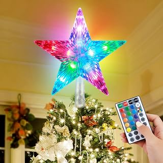 MAIAGO 9 Inch Christmas Star Tree Topper with LED Color-Changing Lights, 5-Point Multicolor Star Tree topper with 32 Key Remote Control for Xmas/Holiday/Winter Home Decoration, USB Plug in/Wire 9.84Ft