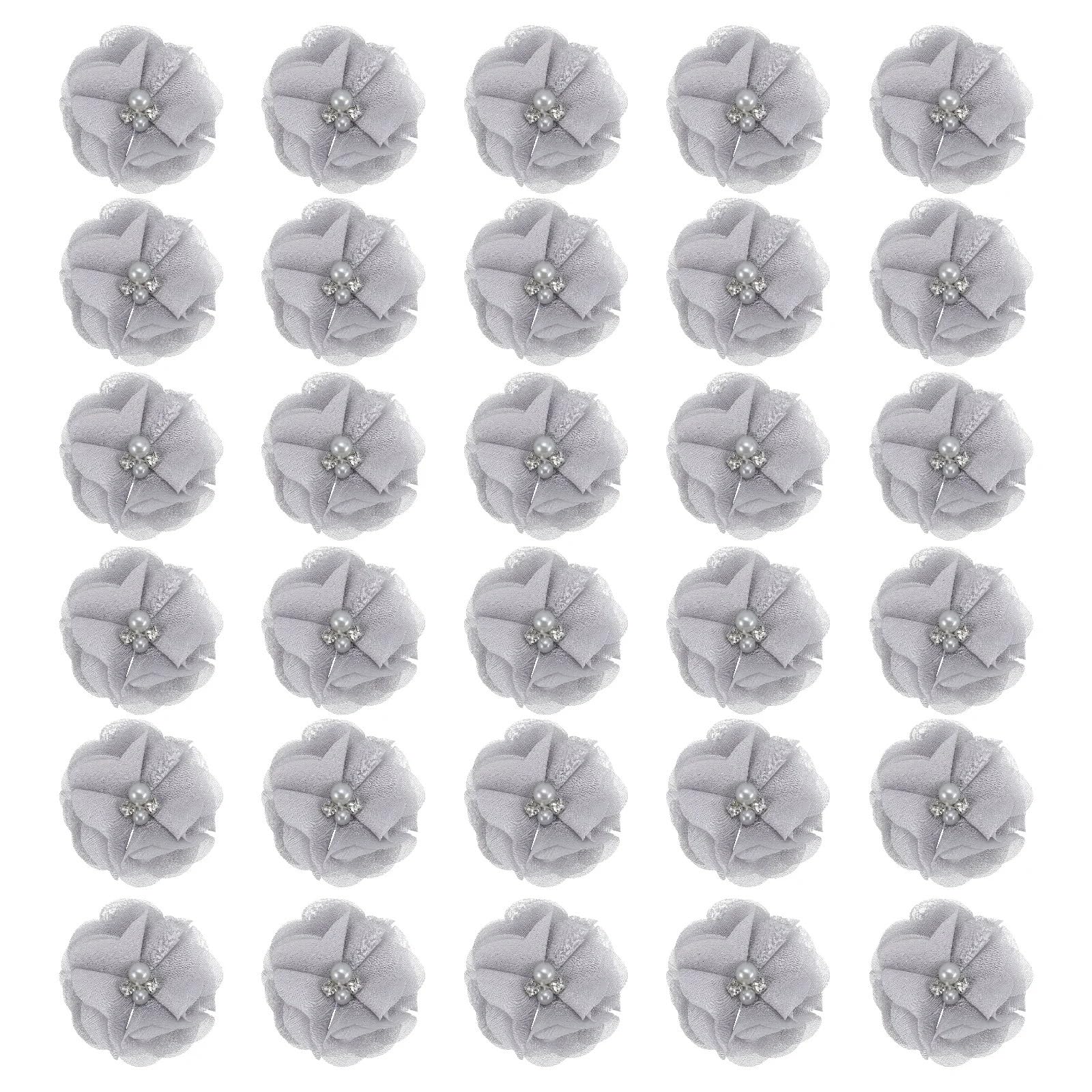 MDSRFGN Fabric Flowers 12/30pcs Chiffon Flowers Rhinestone Pearl Sewing Fabric Artificial Appliques For Clothing Wedding Craft(Grey,30Pcs)