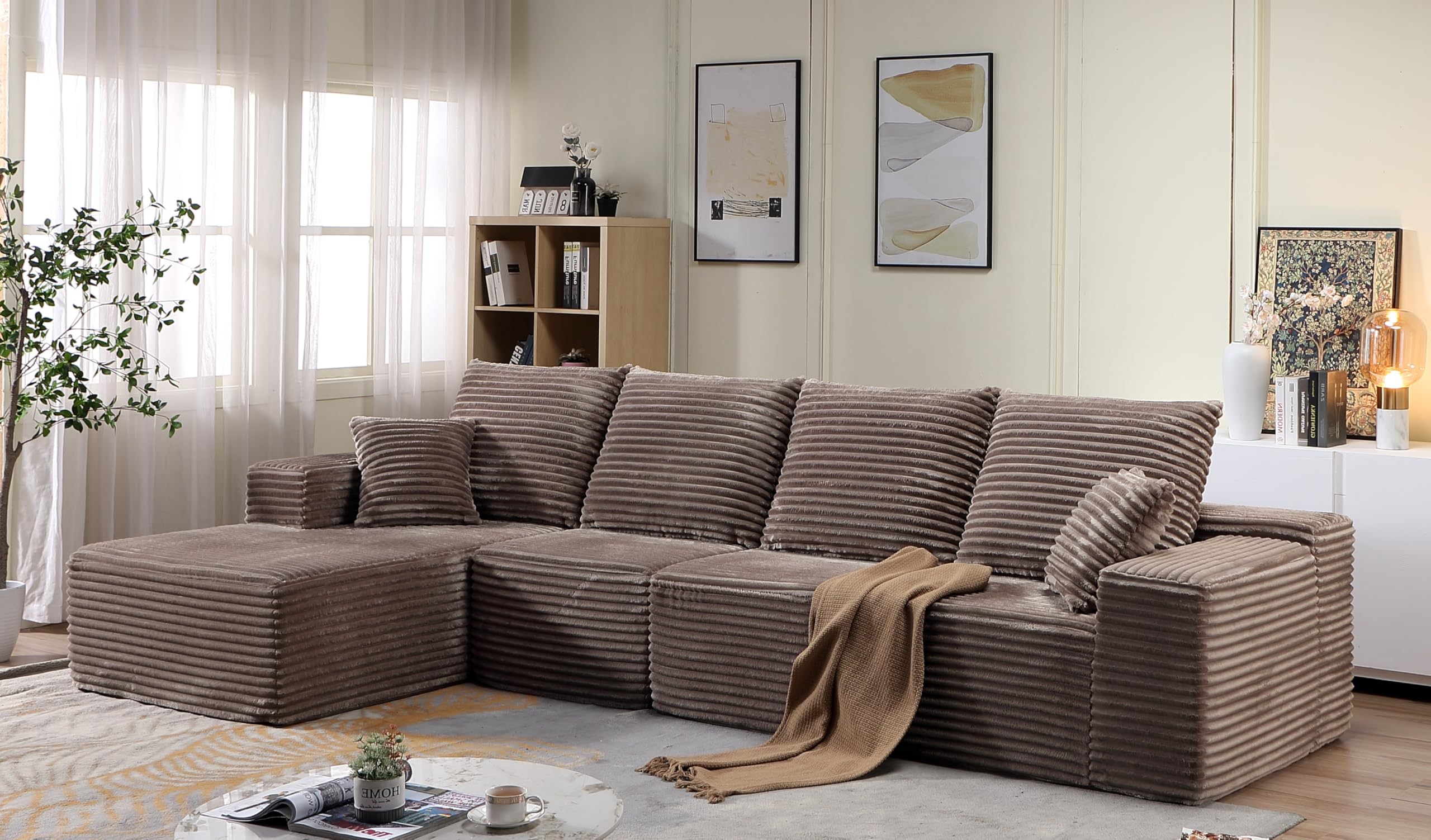 135.4" L-Shaped Cloud Couch with Pillows, Modular Sectional Sofa with Chaise, Comfy Corduroy 3-Seater Sofa with Deep-Seat for Living Room, No Assembly