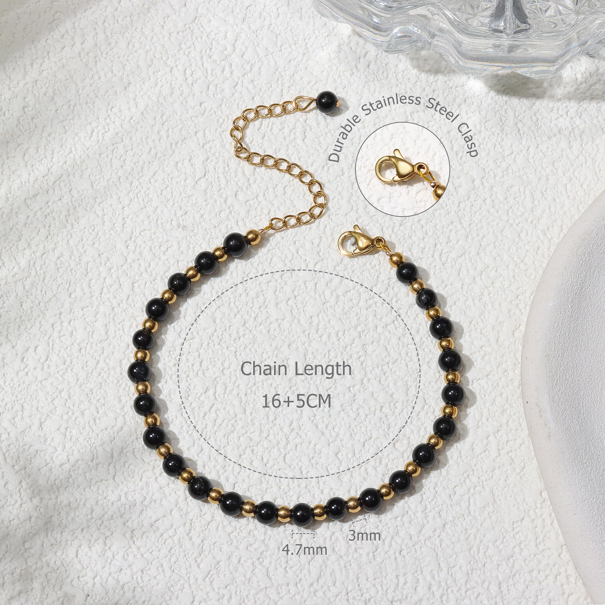 YCTTKDD Pulseras de Cuentas para Mujeres y niñas: Piedra Natural de 5 mm, Cuentas de Acero Inoxidable de 3 mm, joyería Boho de Cristal chapada en Oro Ajustable con Caja de Regalo