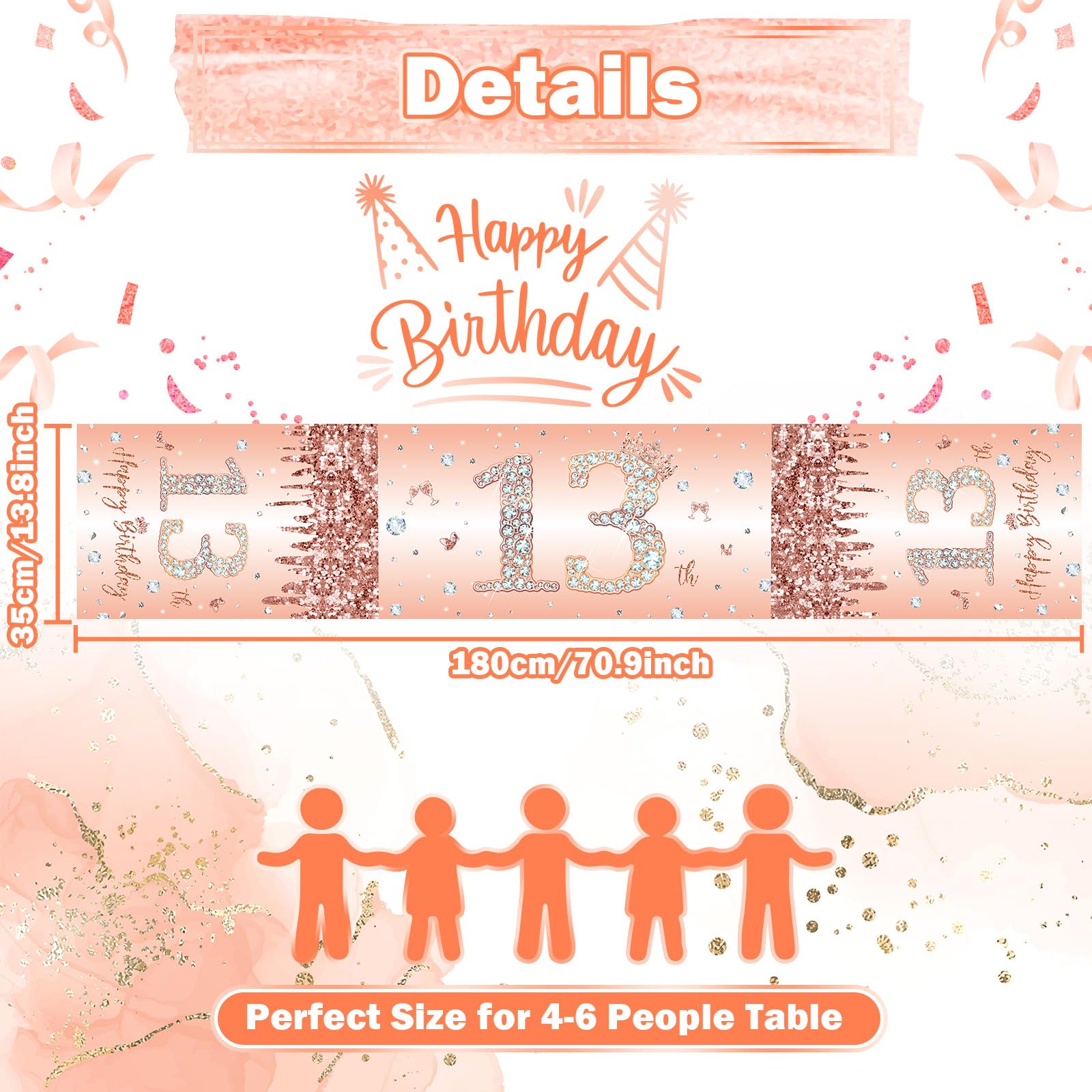 13th Birthday Table Runner for Girls Her Rose Gold Happy 13th Birthday Table Runner 13 Years Old Celebration Party Decorations Non-Slip Dining Table Linen Cover Cloth Decor, 72 Inches Long