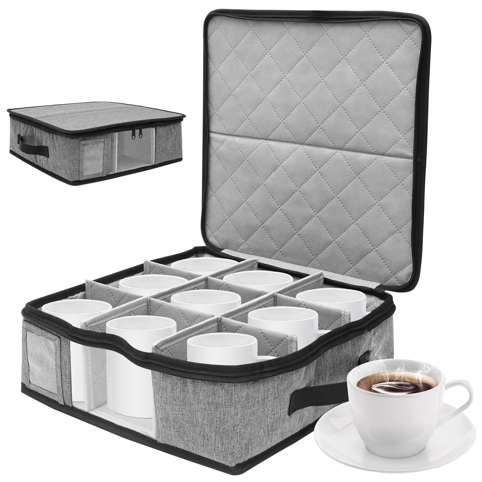 Guijzsltrg Gray Coffee Mug Storage Box With Dividers And Zipper, Camping Wine Storage Container With Lid And Handles, Stackable Tumblers Hard Shell Holds 12 Coffee Mugs, Tea Cup For Moving Packing Kitchen
