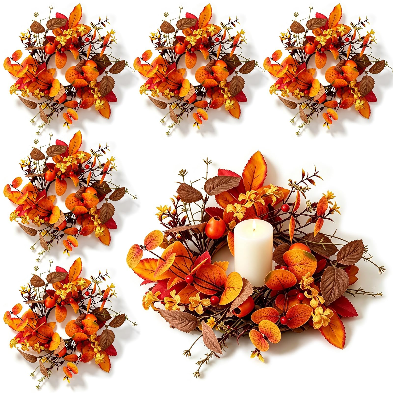 6 PCS Fall Candle Ring Wreaths Artificial Autumn Eucalyptus Candle Wreath with Leaves Berries Flowers Thanksgiving Farmhouse Harvest Wreath Candle Holder for Pillar Candles Table Centerpiece Decor