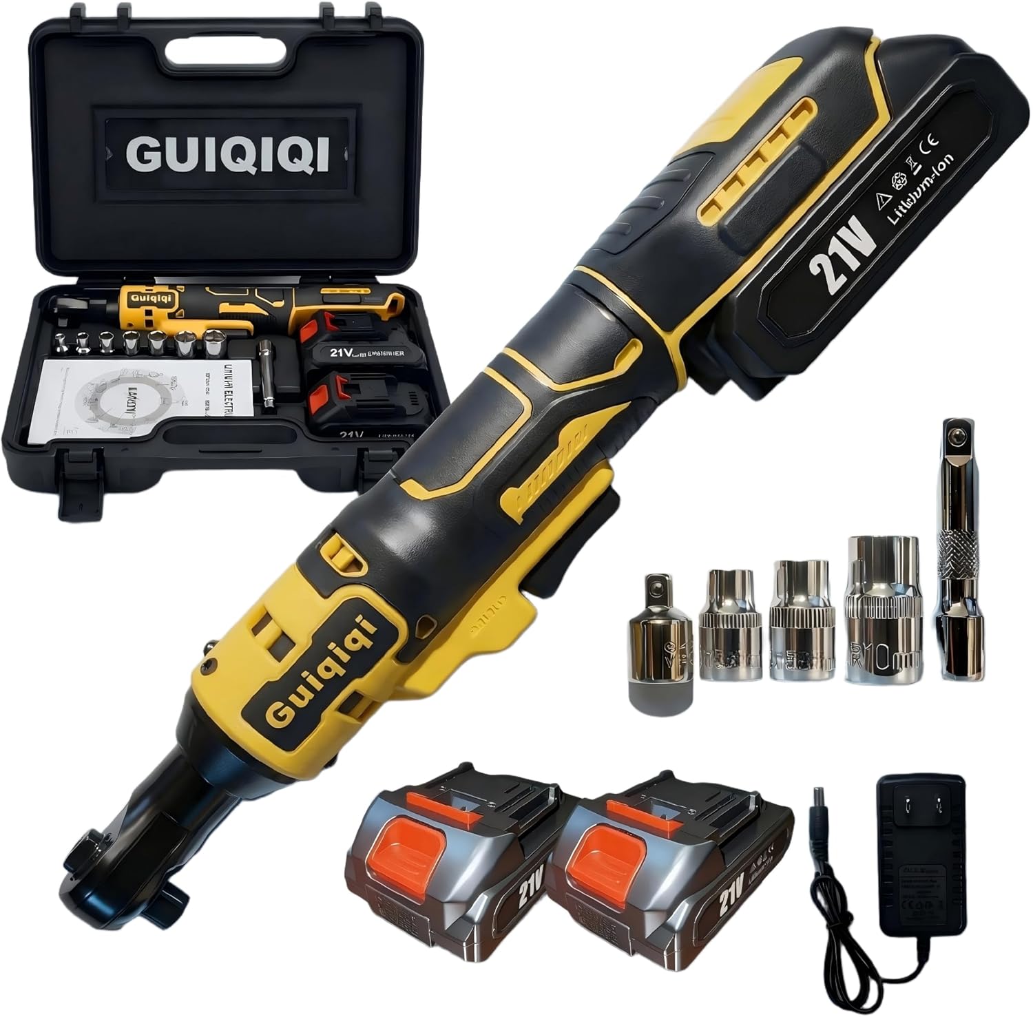 70 Foot Pound 21V Ratchet Wrench Set, 3/8-Inch Powerful Rotating Tool, Fast Charging, Long-lasting Battery, 9 Sleeves For Efficient Operation (Battery*2+Multi Accessories)