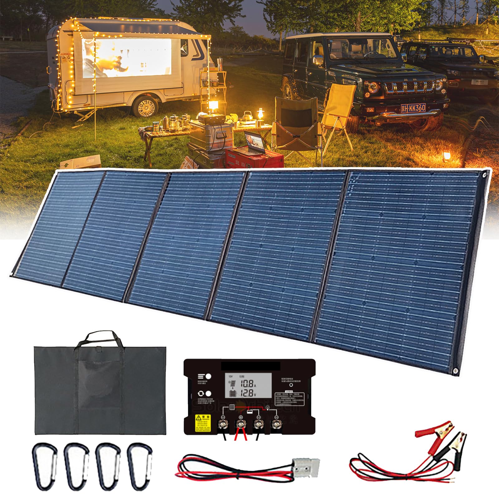 Cargador solar portátil con controlador de alimentación de alta eficiencia y salidas USB duales para actividades al aire libre, incluyendo senderismo y camping