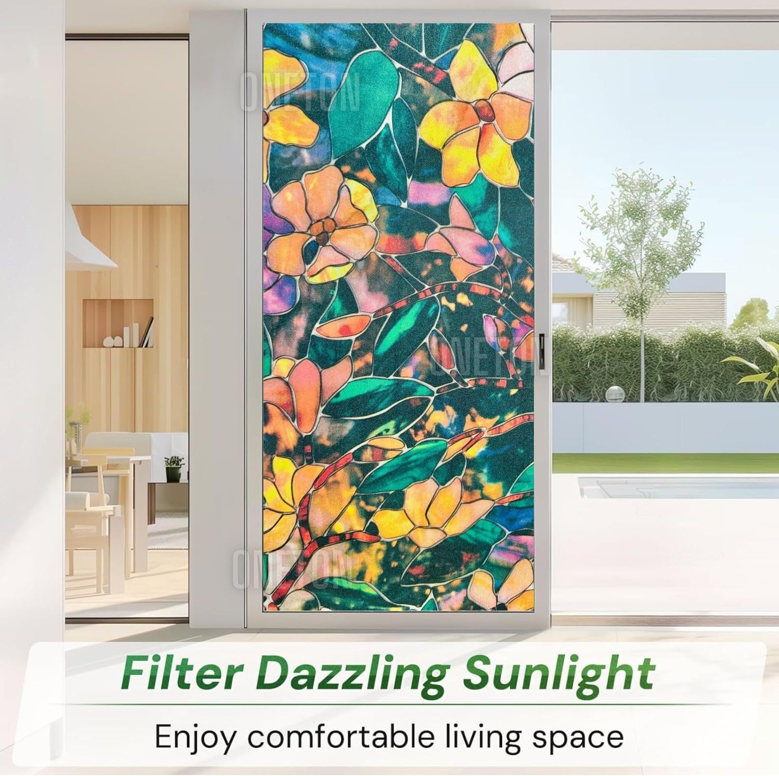 ONETON Frosted Glass Window Film Self Adheisve Decoartive Window Privacy Sheet Film UV Control Static Cling Removable Vinyl Frosted Privacy Film 12x36 Inch Color Flower 2