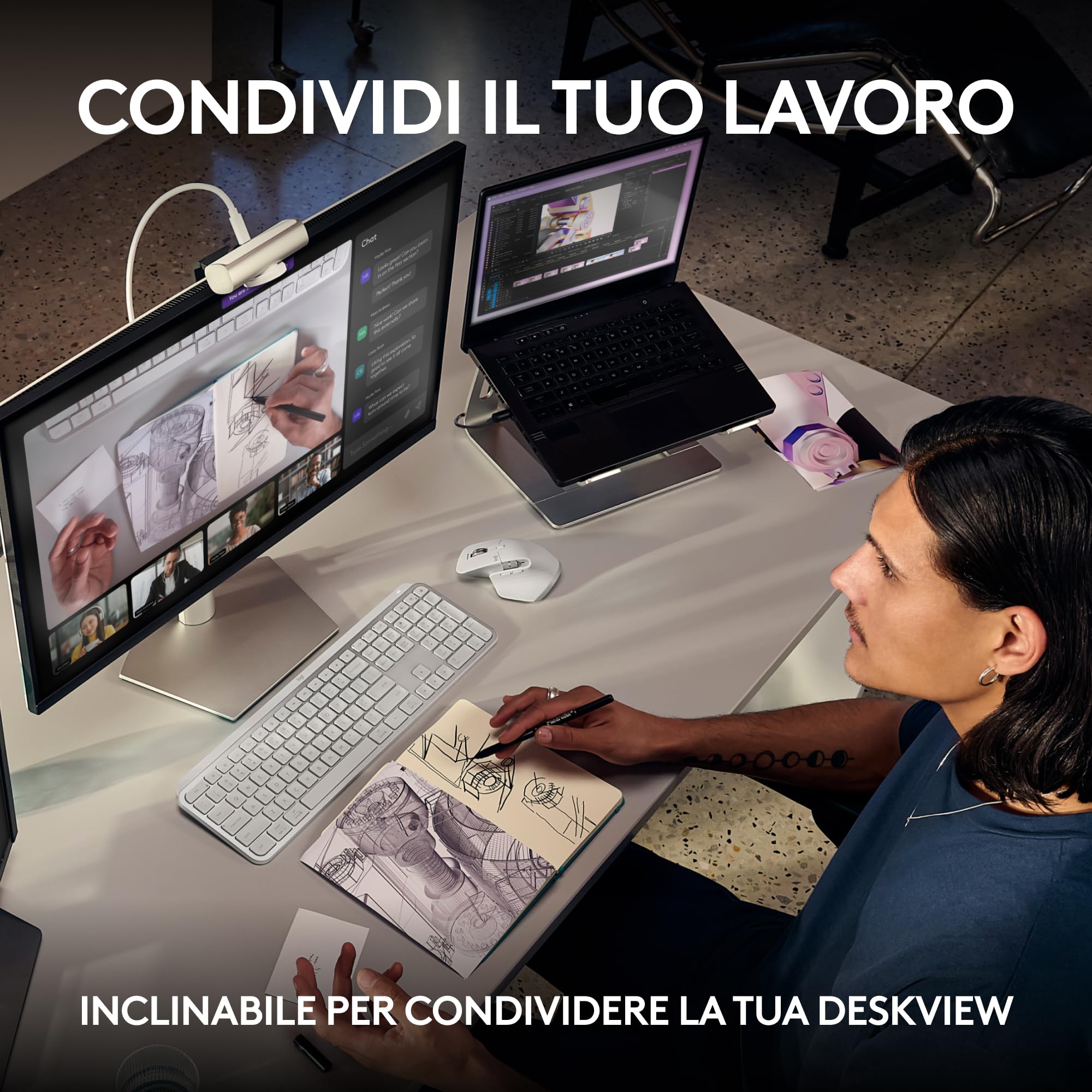 Logitech MX Brio per collaborazione e streaming Ultra HD 4K, 1080p a 60 FPS, due microfoni con riduzione del rumore, Show Mode, USB-C, copertura webcam, Microsoft Teams, Zoom, Google Meet, Grafite