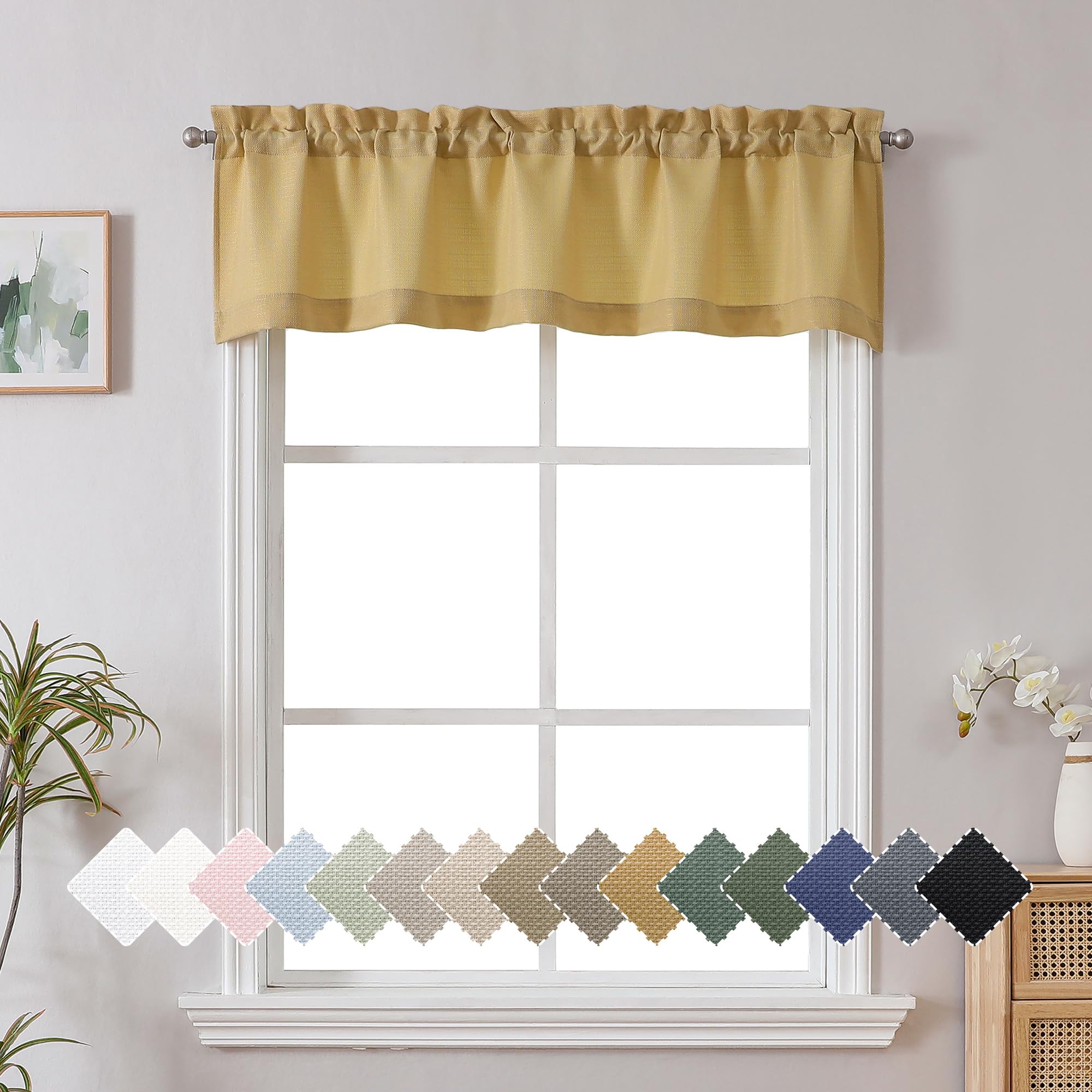 Chyhomenyc Gold Valance for Windows, Light Filtering Faux Linen Textured Small Window Kitchen Valance, Rod Pocket Short Curtain for Bathroom Laundry