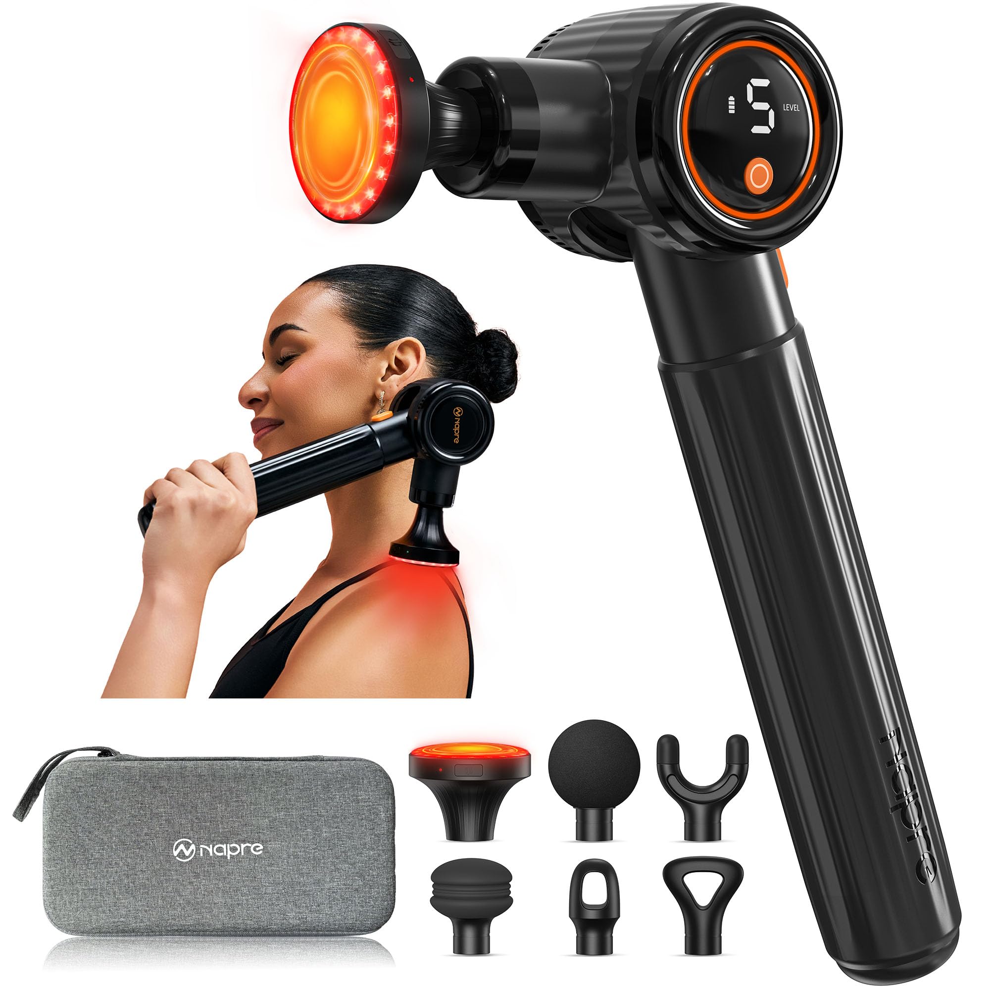 NAPRE Massage Gun with Heat Massage Gun Deep Tissue with Extension Handle 3 Adjustable Angles Handheld Percussion Back