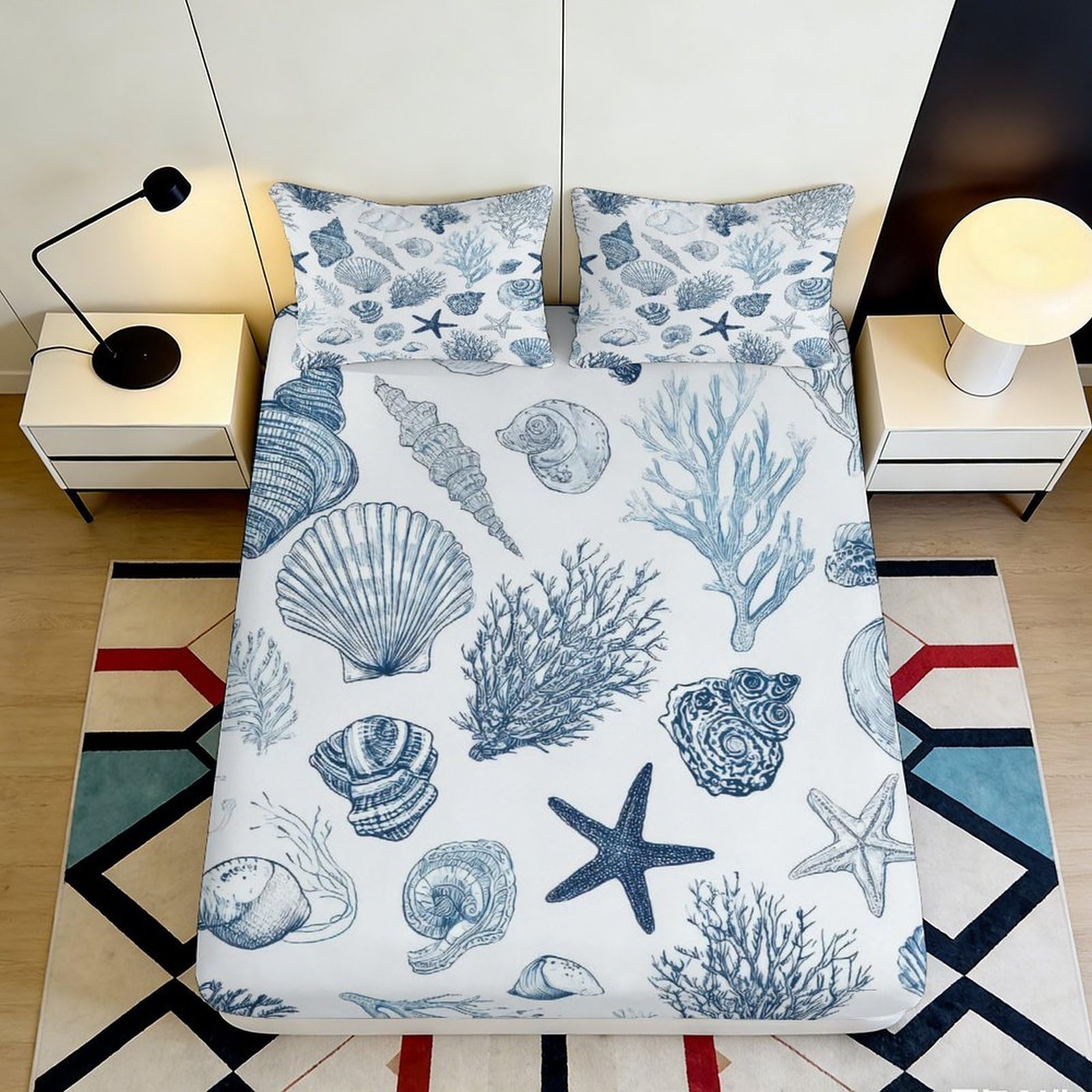 3D Printed Seashell Ocean Fitted Sheet Microfiber Soft Breathable Coral Starfish Mattress Cover for Bedroom Decor 90x200x25cm