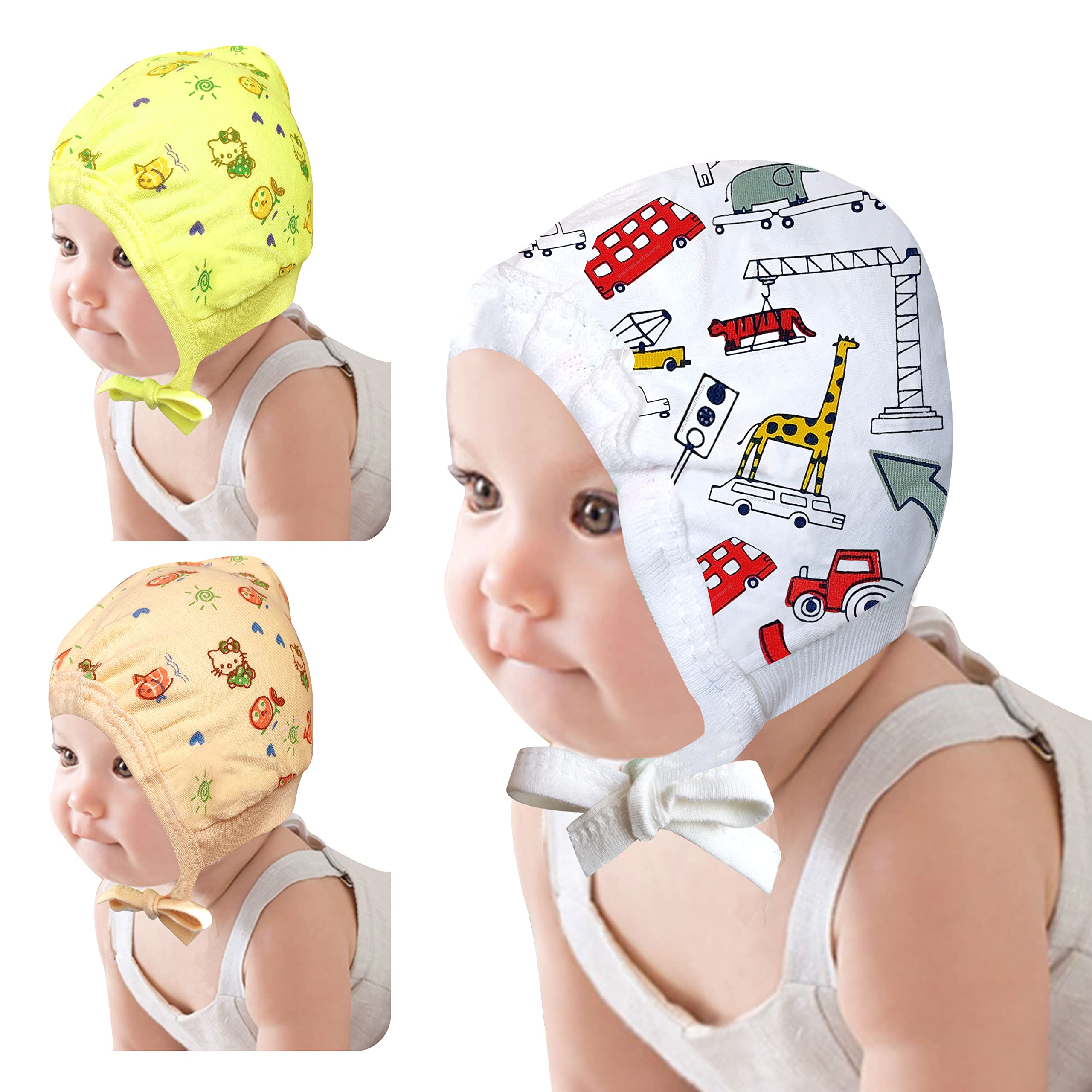 GURU KRIPA BABY PRODUCTS Newborn Baby Boy Girl Cap Soft Solid Lite Color Fabric Hosiery Double Layer Tie Knot Unisex Kids Hat Infant Winter Ac Bonnet Printed Daily Use Topi Months Set of 3
