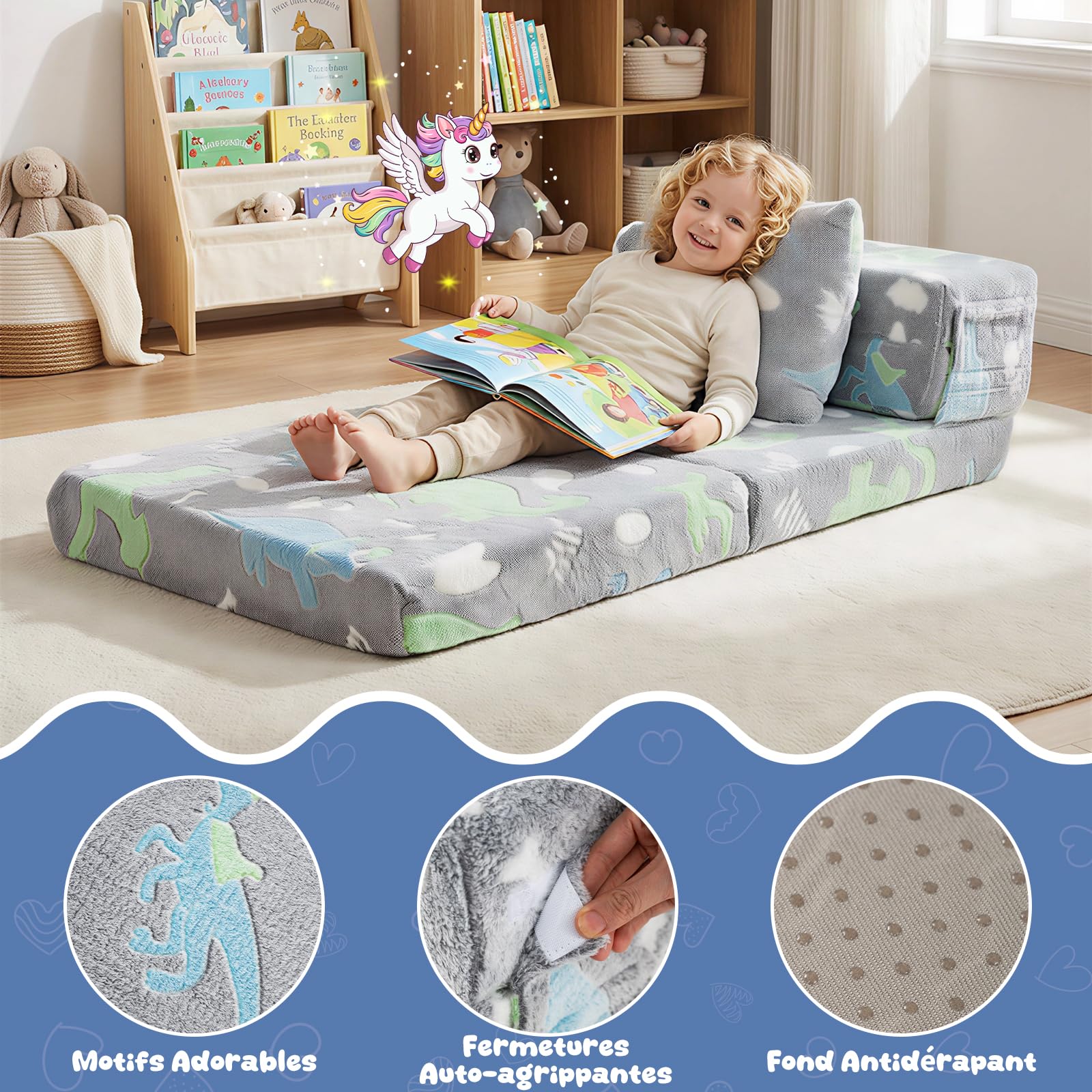 COSTWAY Canapé-lit Enfant Brillant dans Le Noir avec Motif Dinosaure & Oreiller, Matelas de Sol Pliable en Flanelle avec Housse Lavable en Machine, Canapé Modulaire pour Chambre Salle de Jeux (Gris)