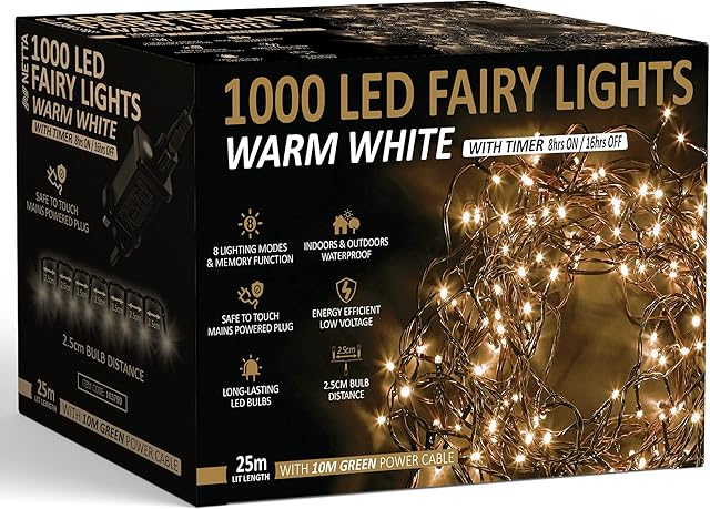 Christmas Tree Lights 1000 LED 25m Warm White - 2.5cm Bulb Distance Fairy String Lights Plug in with Timer and Memory Functions - Suitable for Outdoor/Indoor Use