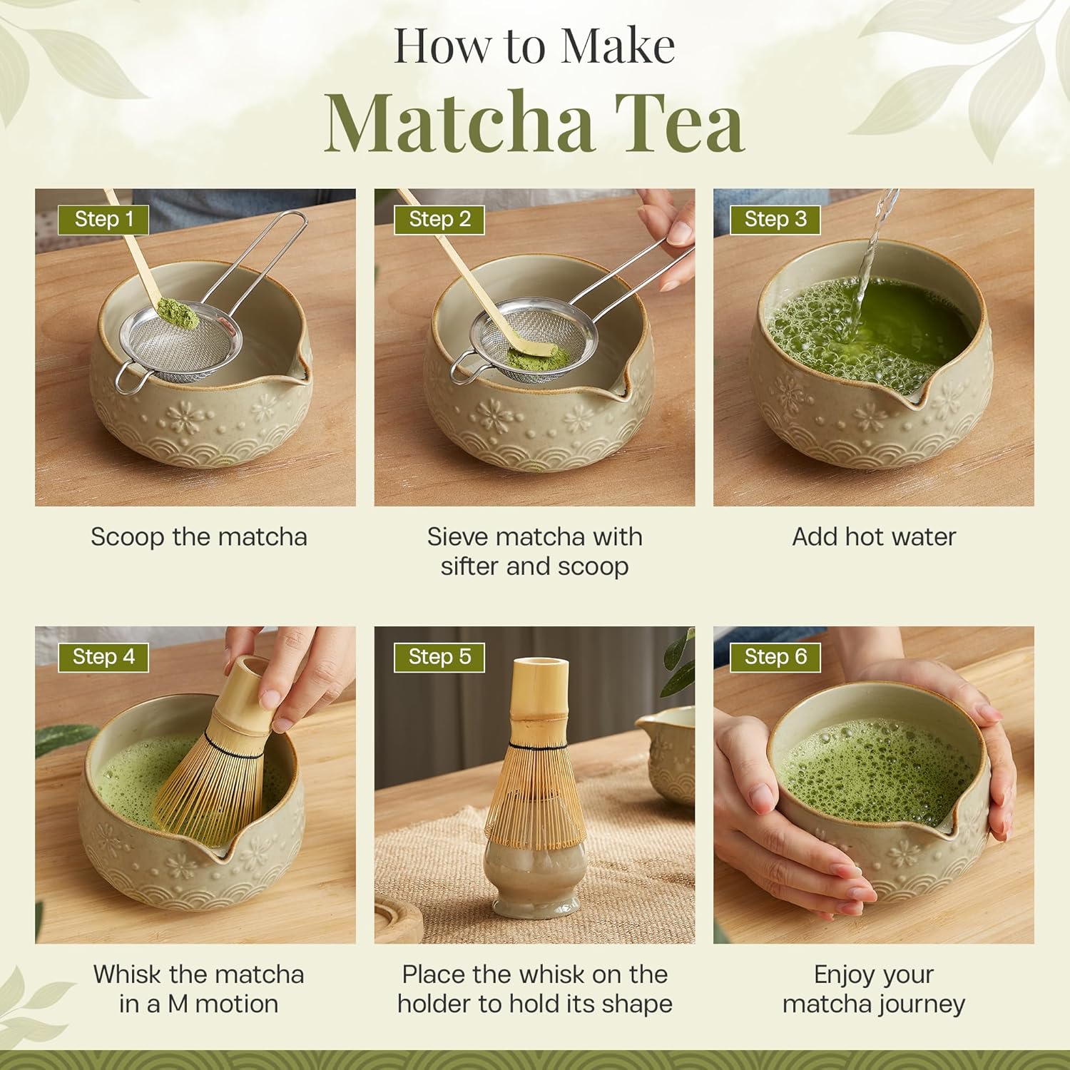 Matcha Whisk Set 9pcs – Matcha Tea Set with Ceramic Matcha Bowl, Bamboo Whisk (Chasen), Scoop, Sifter | Matcha Kit for Japanese Tea Ceremony & Beginners(Mottled) - Image 6