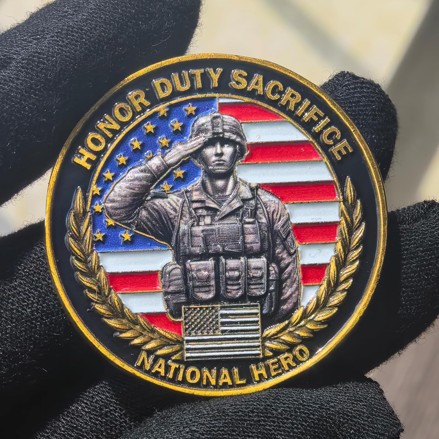 Military Challenge Coin - Saluting Soldier with American Flag - Veteran Appreciation & National Hero Tribute Coin