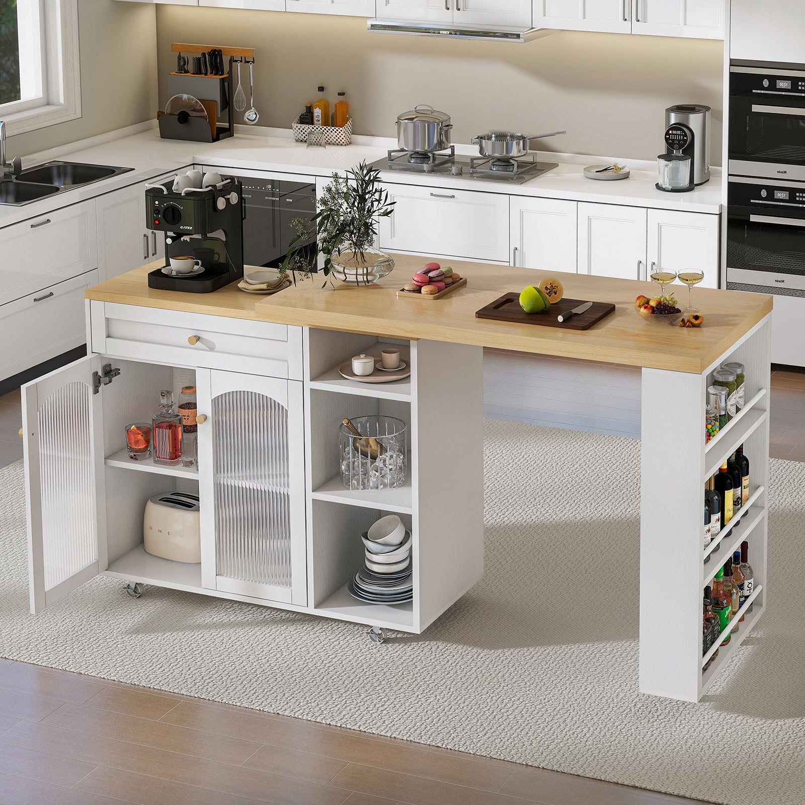 LYNCOHOME 71.1" Rolling Kitchen Island with 360° Rotating Tabletop, Mobile Lockable Wheels &amp; Adjustable Shelves, Multifunctional Storage Cart for Kitchen &amp; Dining（White）