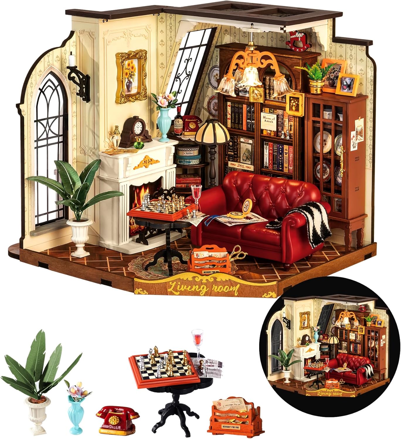 ROBOTIME DIY Miniature House Kit, Mini Dollhouse Kit, Tiny House Kit for Adults, Wooden Furniture Kit with LED, Halloween/Christmas/Birthday Gifts for Family/Friends(Catherine's Living Room)