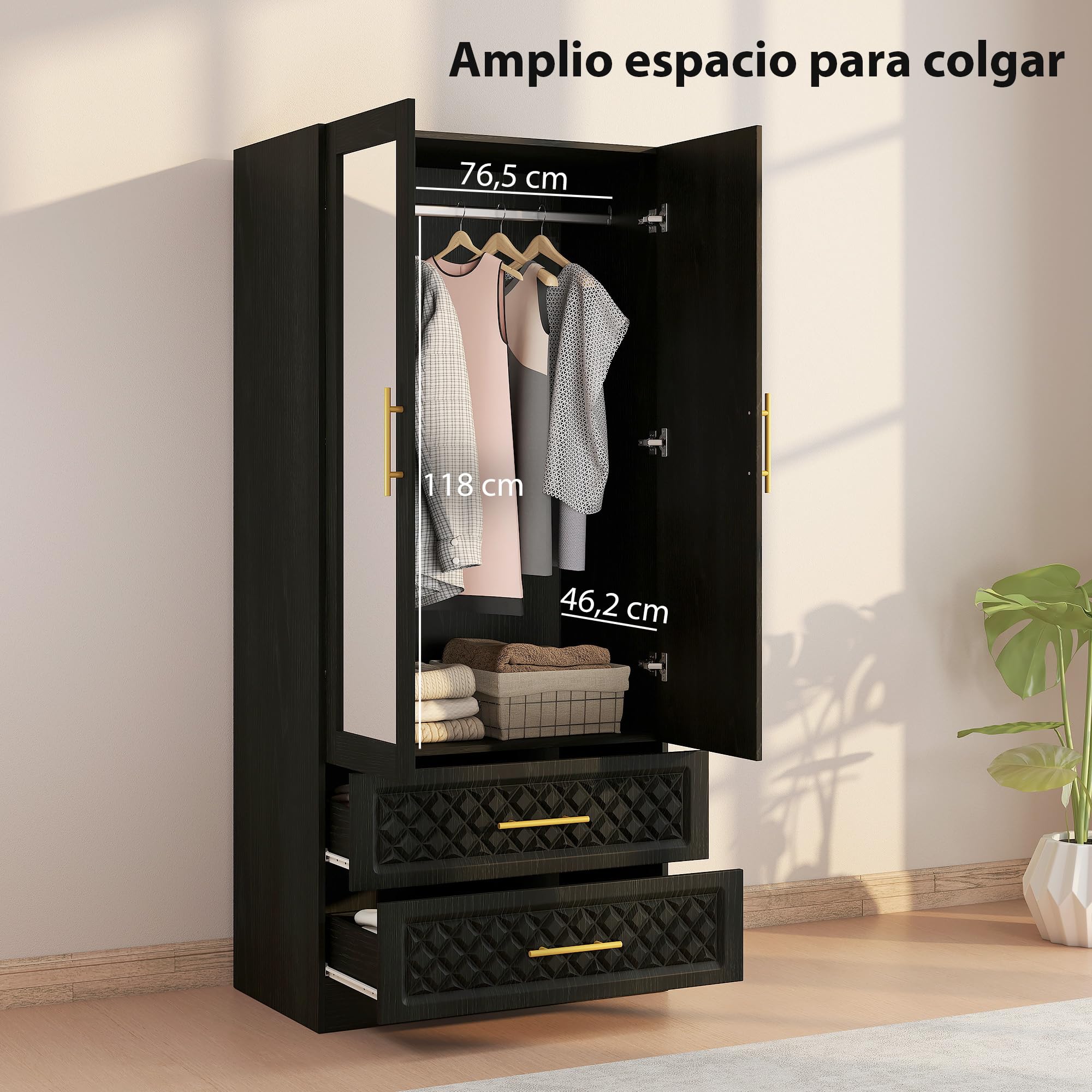 HOMCOM Armario Dormitorio 2 Puertas y 2 Cajones Espejo 80x50x180 cm Negro