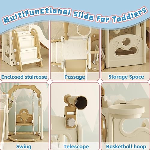 Miniatura 5 de Parque infantil 6 en 1 con columpio, toboganes para niños con escalador, aro de baloncesto, telescopio y espacio de almacenamiento, tobogán para