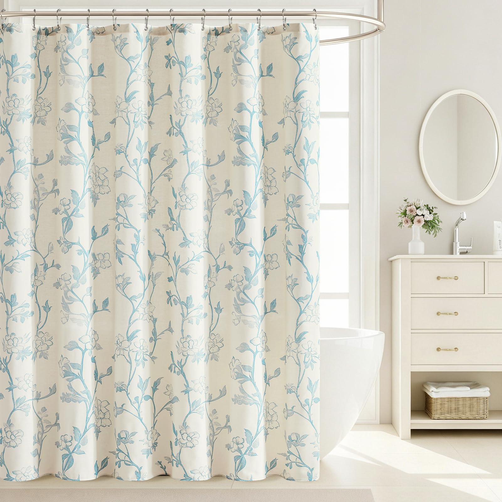 Light Blue Floral Cotton Shower Curtain, Cottage Farmhouse Style, 72x72