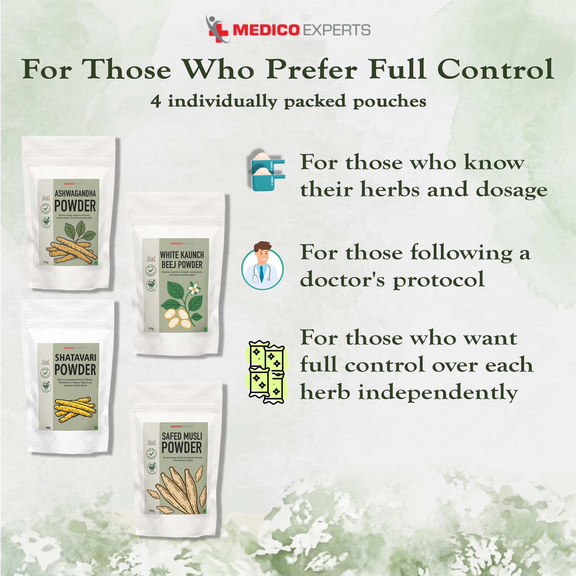 MedicoExperts Ashwagandha Powder, Safed Musli Powder, White Kaunch Beej, Shatavari Combo pack | Pure & Natural | For Energy & Natural Immunity | 100gm x4 (100gm each) 3