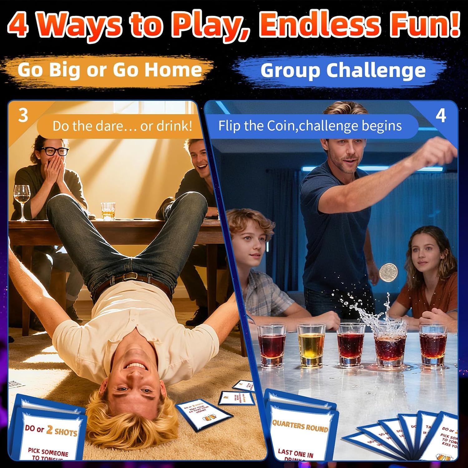 Party Card Game for Adults 21+, 4 Fun Themes, 184 Challenge Cards & 6 Game Cups, Interactive Social Game for Game Night, Birthday Party & Bachelorette Party