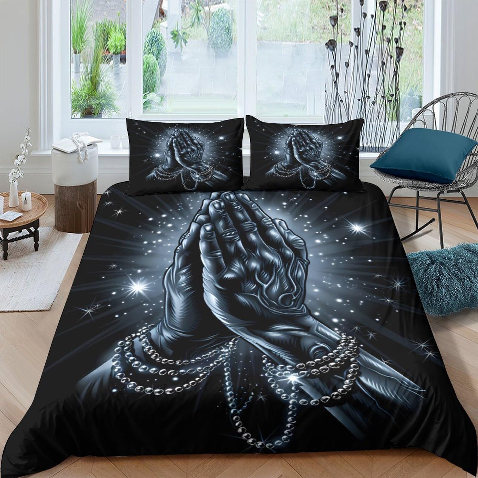 Ctjqhvkz Style-5 3D Printed Praying Hands Fitted Sheet Microfiber Soft Black Star Galaxy Mattress Cover For Bedroom Decor Dorm Protection Single（135X200cm）