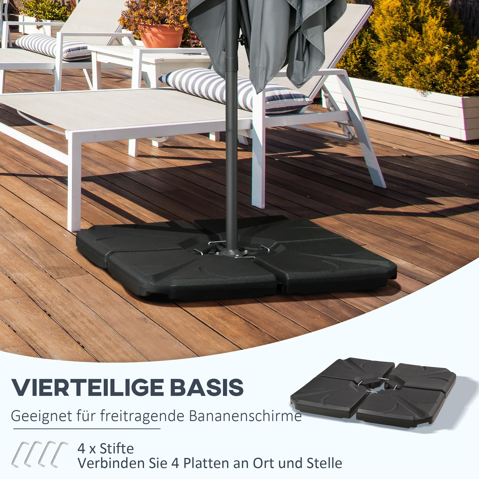 Outsunny Stojak na parasol przeciwsłoneczny do parasola przeciwsłonecznego, napełniany, 18/14 kg, czarny | 4-częściowy obciążnik, stojak na parasol, krzyż, piasek/woda, stojak na parasol, obciążniki, podstawa parasola, HDPE