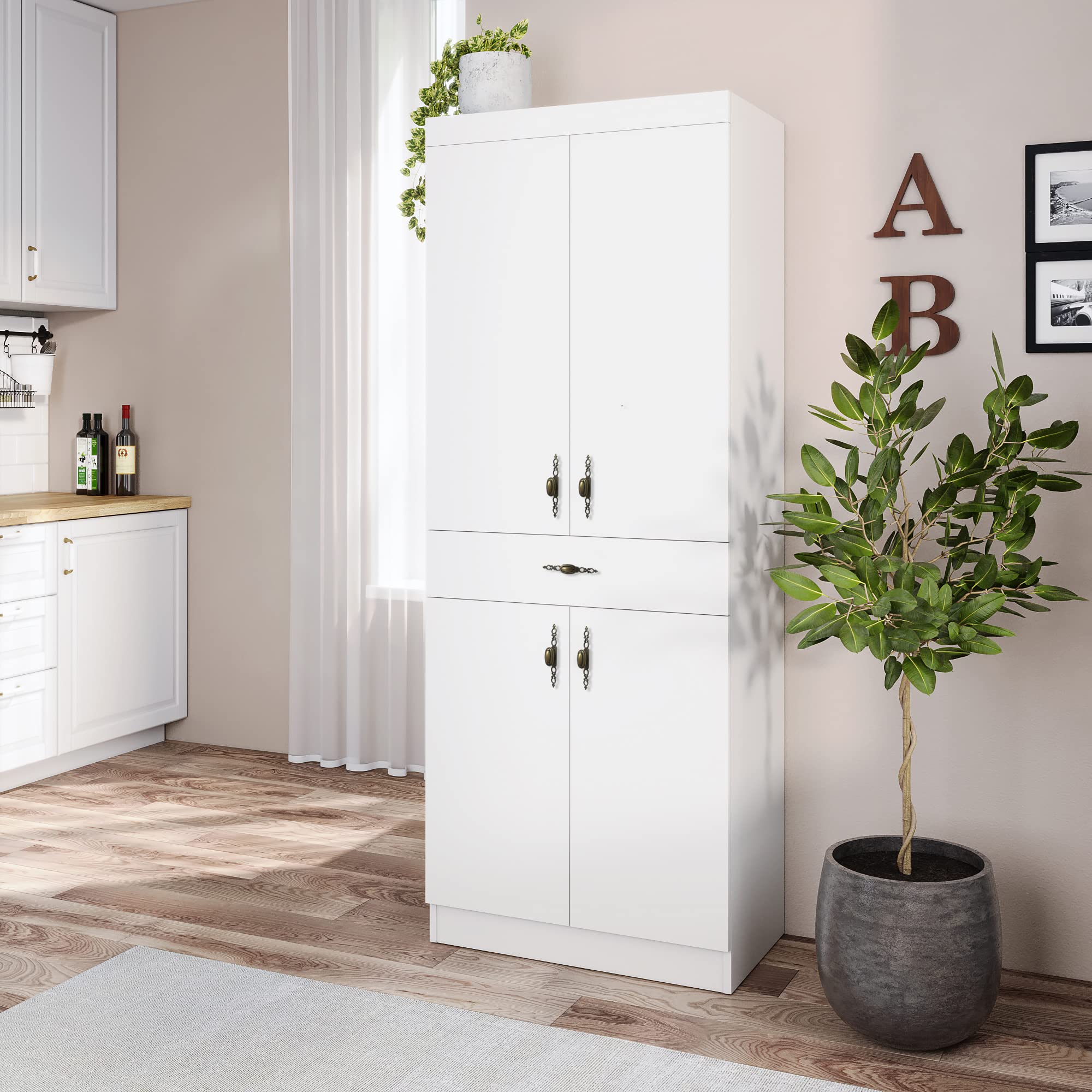 Living Skog Kitchen Pantry Cabinet Buffet Hutch with Extended Storage Space and Microwave Cart, Tall Modern Standing China Pantry Cabinet with Doors and Shelves (Monti, White)