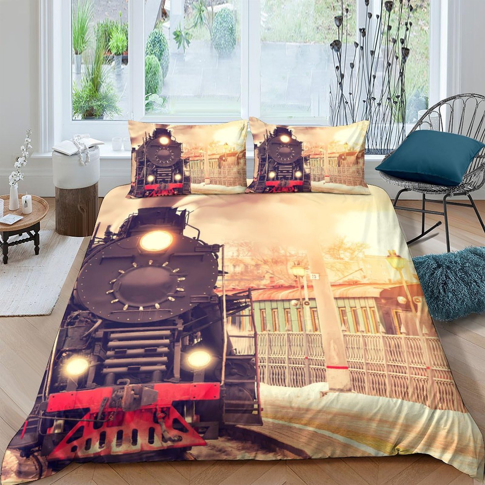 Ctjqhvkz Style-6 3D Printed Vintage Steam Train Fitted Sheet Microfiber Soft Breathable Railway Bed Cover For Bedroom Guest Room Decor Single（135X200cm）