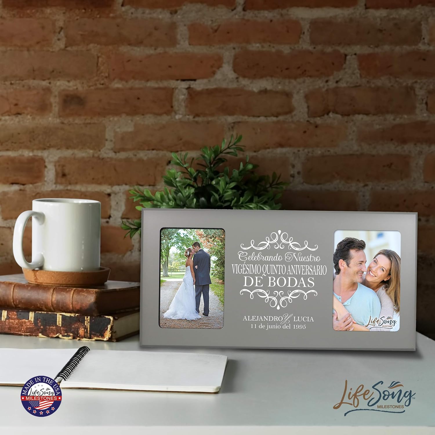 LifeSong Milestones Personalized 25th Anniversary Picture Frame Marriage Keepsake Gift with Spanish Verse - Twenty Five Years Wedding Gift for Parents Husband Wife Him Her Holds 2-4x6 Photo (Gray)