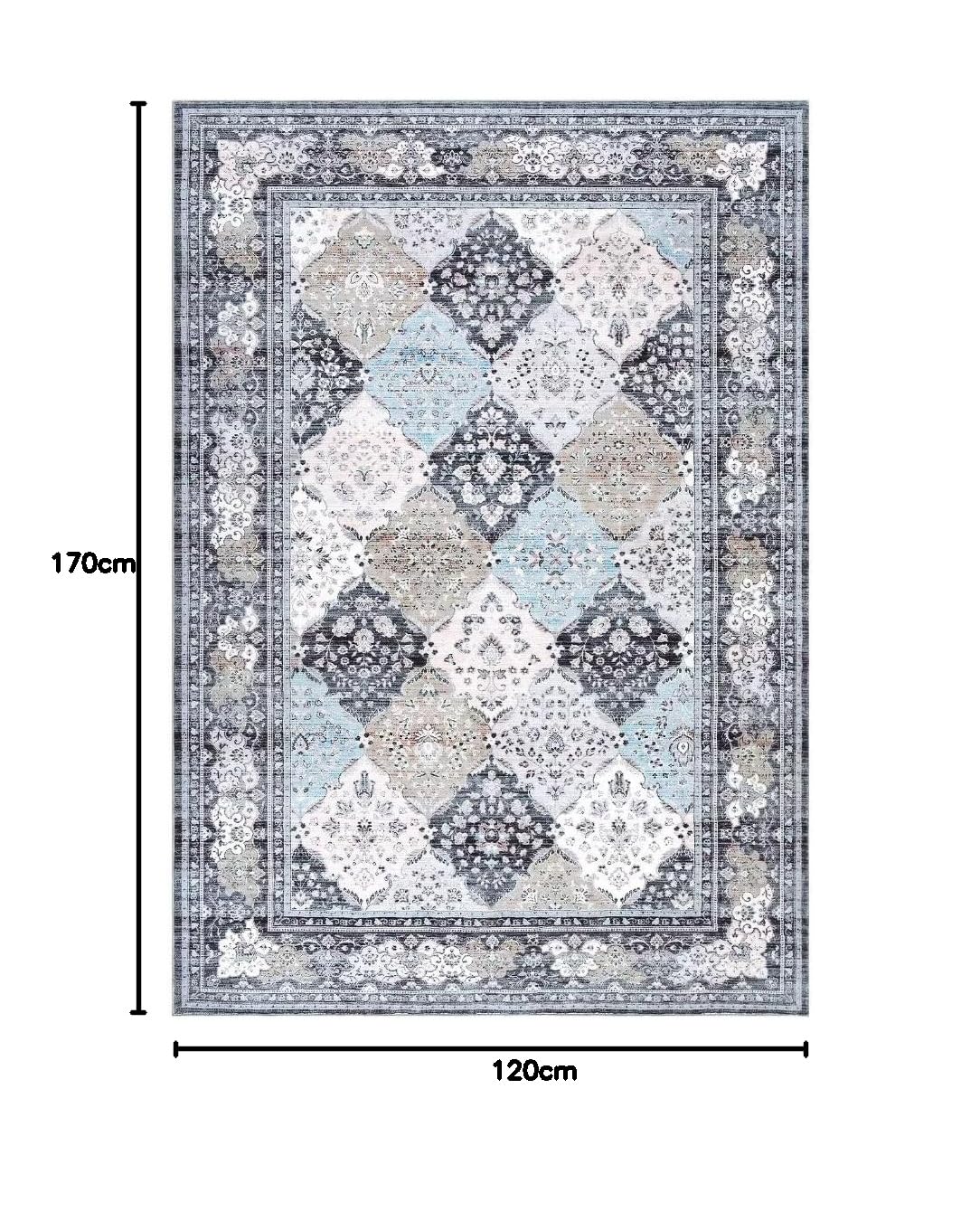 Auton Dywan w stylu boho, nadający się do prania, antypoślizgowy, cienki dywan na stół do jadalni, dywan z nadrukiem kwiatowym, zużyty wygląd, do sypialni, kuchni, biura, niebieski, 120 x 170 cm