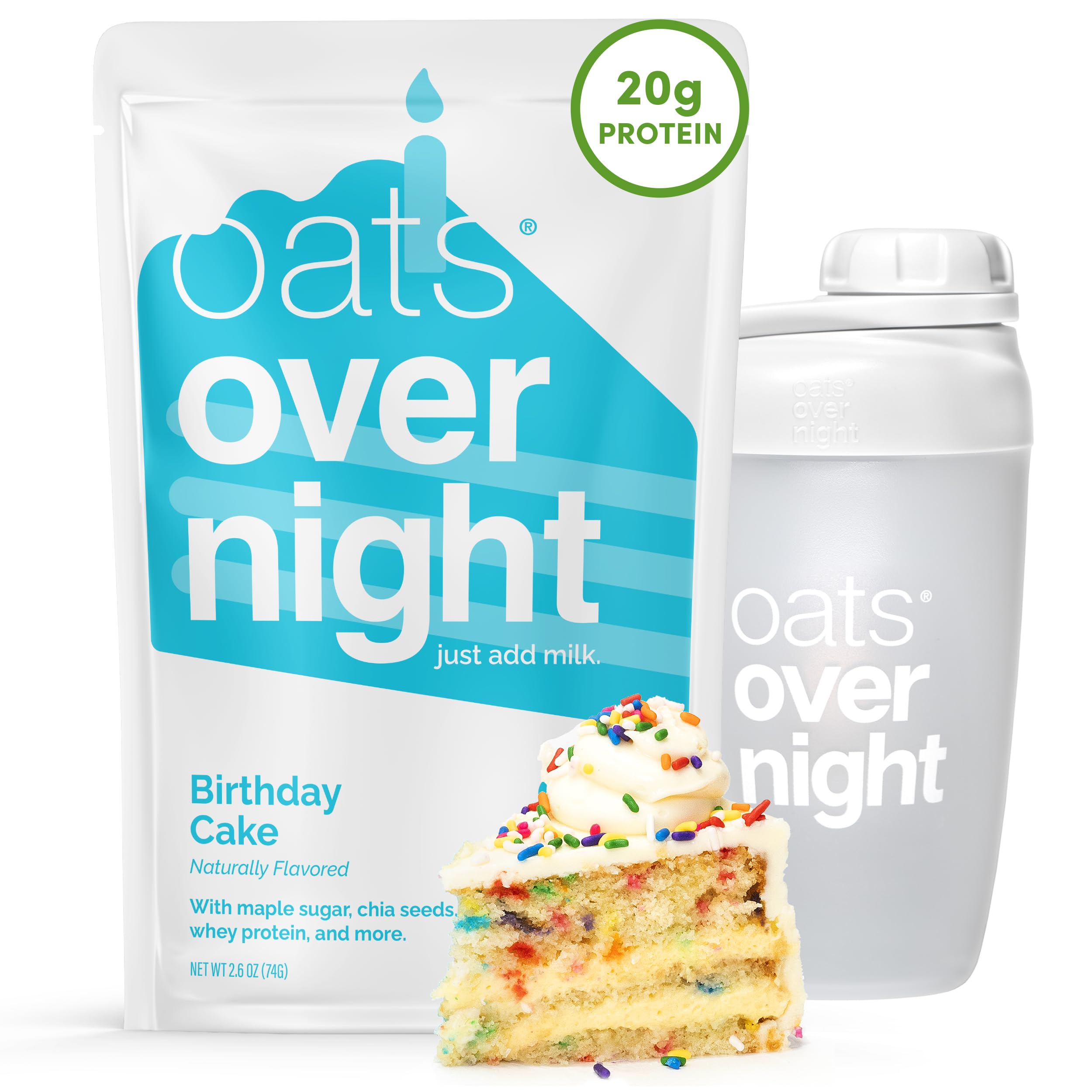 Oats Overnight Birthday Cake - Overnight Oats with 20g Protein, 5g Fiber Breakfast Protein Shake - Gluten Free Oatmeal, Non GMO High Protein Oatmeal (2.7 oz per meal) (8 Pack + Shaker Bottle)