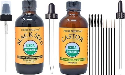 Miniatura 1 de PRIME NATURAL Aceite orgánico de semillas negras y aceite de ricino orgánico, paquete de 2 aceites, certificado por USDA, prensado en frío, virgen,