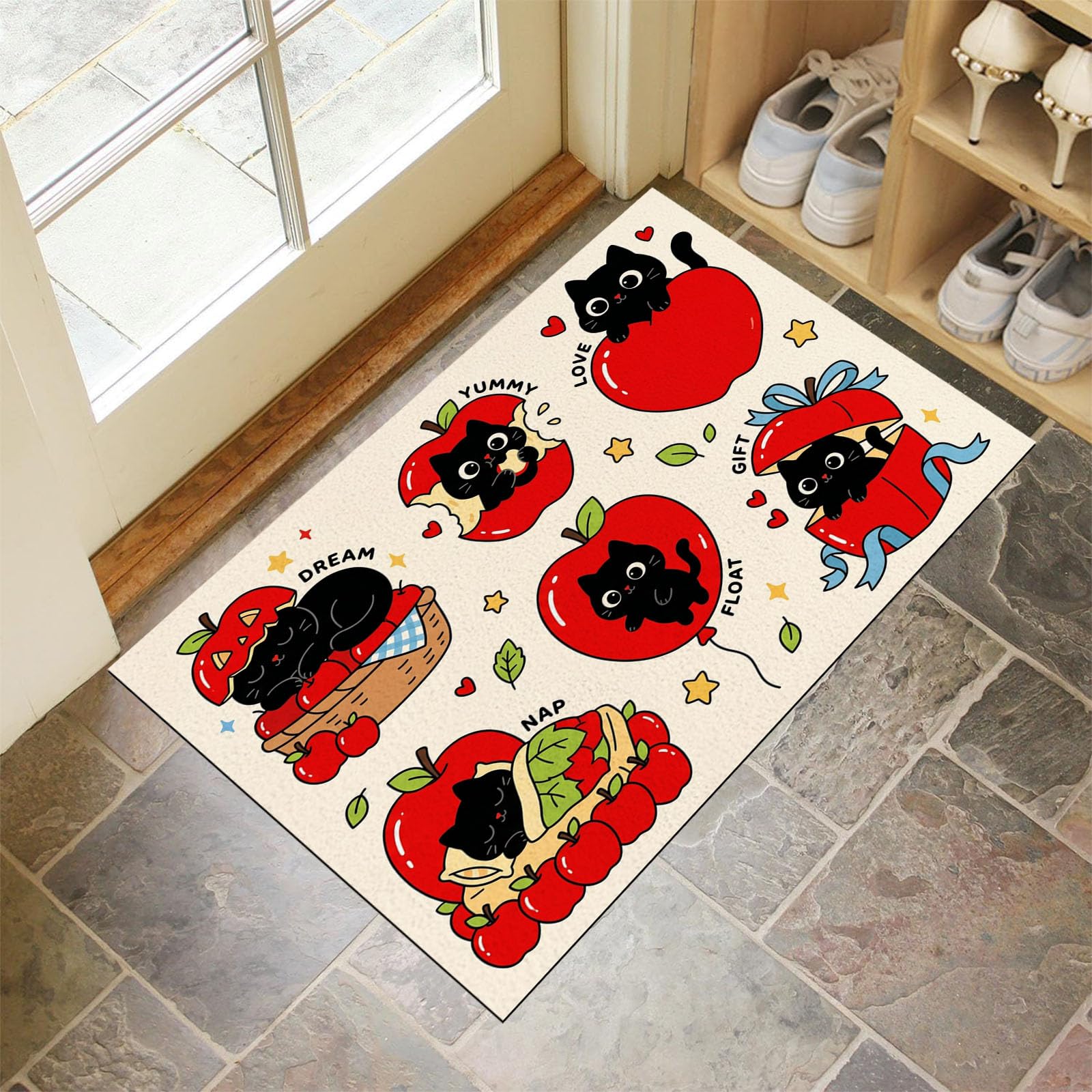 Tapis Autocollants Apple Cat | Paillasson Antidérapant d'Entrée Beige Rouge 50x80