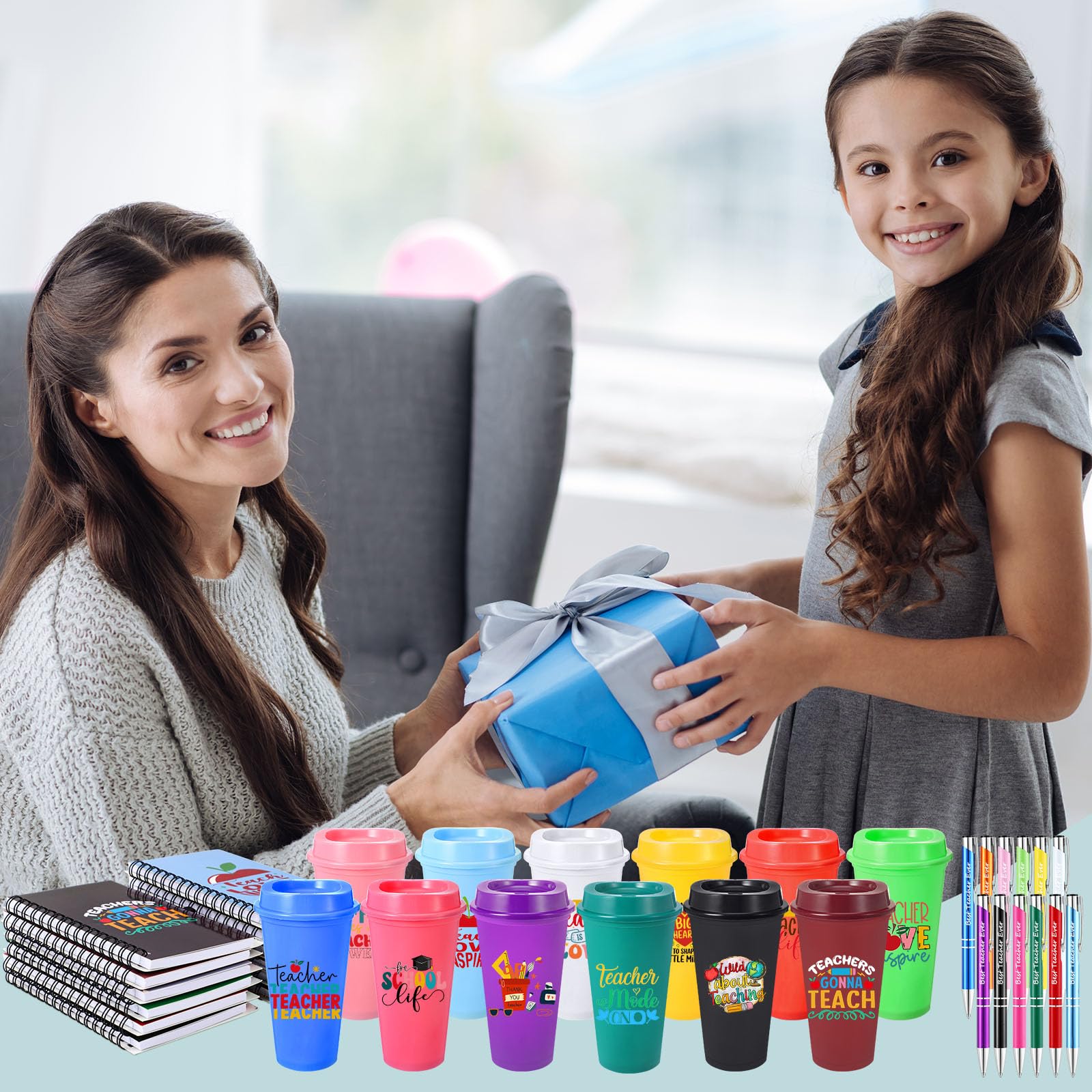 Teenyyou Juego de 72 piezas de regalo de agradecimiento para profesores, incluye tazas de café de plástico de 16 onzas con tapa, cuadernos motivacionales y bolígrafos para mujeres, profesoras