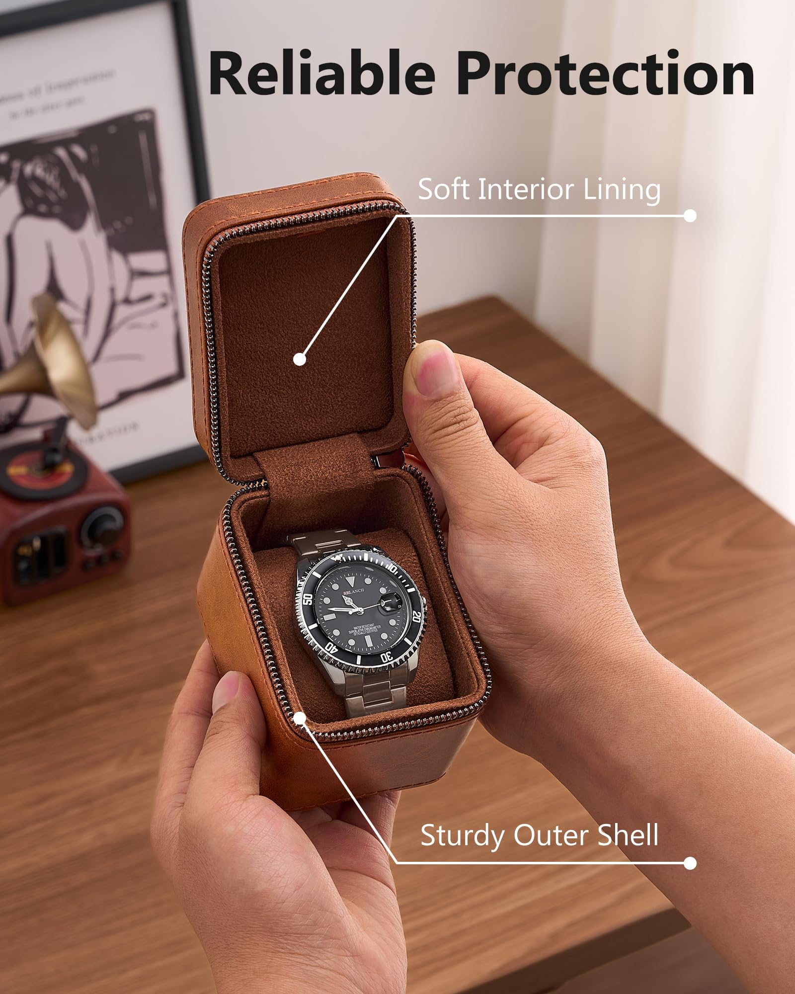 ProCase Estuche de Viaje para 1 Relojes, Caja para Relojes con Funda de PU Cuero y Acolchado Suave, Estuche Compacto para Relojes de Lujo y Smartwatches de Hasta 55 mm –Marrón