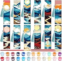 Kosiz 12PCS Mountain Paint by Numbers Wooden Bookmarks Kit for Adults - DIY Tassel Crafts, Paints & Brushes - Beginner Book Lover Gifts 7x2"