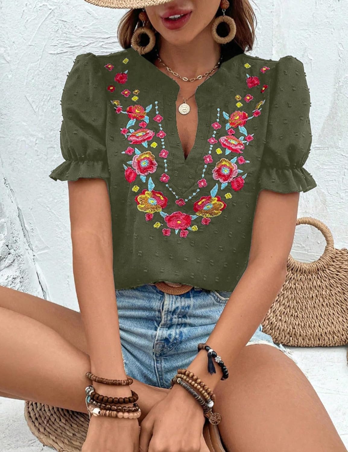 ZILIN Women's Casual Floral Embroidered V Neck Boho Short Puff Sleeve Shirts Loose Summer Blouses Tops Fashion Clothes 2026 - Image 3