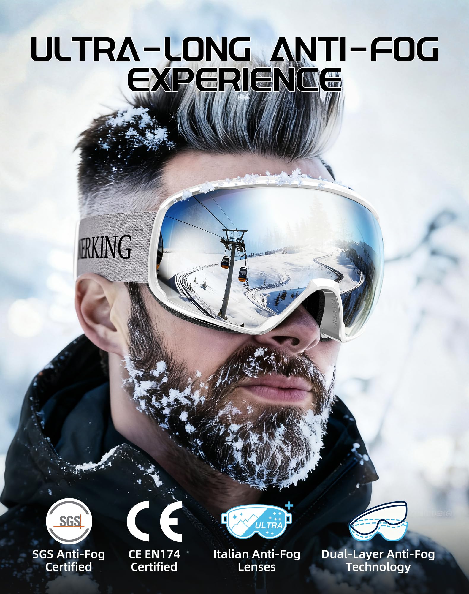 Innerking Lunettes de Ski Homme, Masque Ski OTG Lunettes de Snowboard, 100% Anti-UV pour Sports Hiver, Vision Plus Large, Ski Goggles Femme pour Sports Hiver