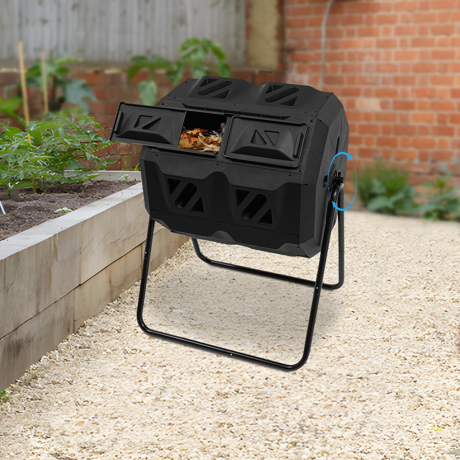 Kompostownik z podwójną komorą, obrotowy pojemnik na kompost, 160 l, kompostownik kuchenny, kompostownik na odpady kuchenne i rośliny, 70 x 60 x 93 cm
