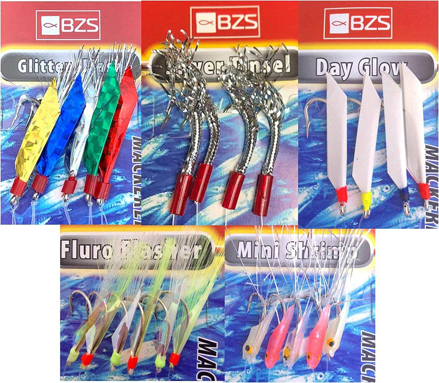 BZS Mixed Mackerel Feathers Rigs Hooks for Sea Fishing Selection Pack with Lures Bait Tackle Accessories to All Summer Species