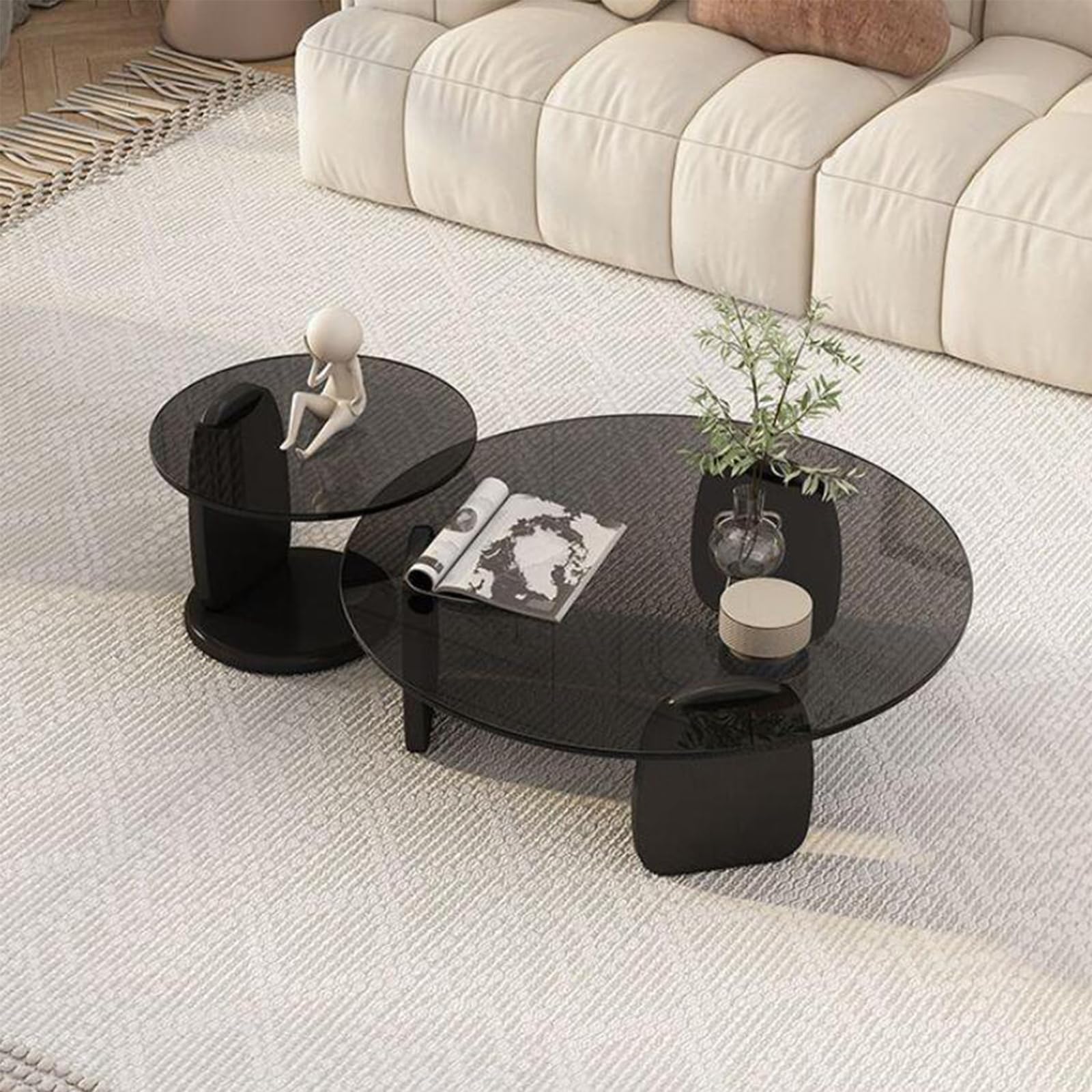 Tavolino Da Caffè Rotondo In Vetro Temperato E Gambe In Legno Massello - Design Mid-Century Modern - Diametro 90cm X Altezza 40cm - Noce Trasparente - 2